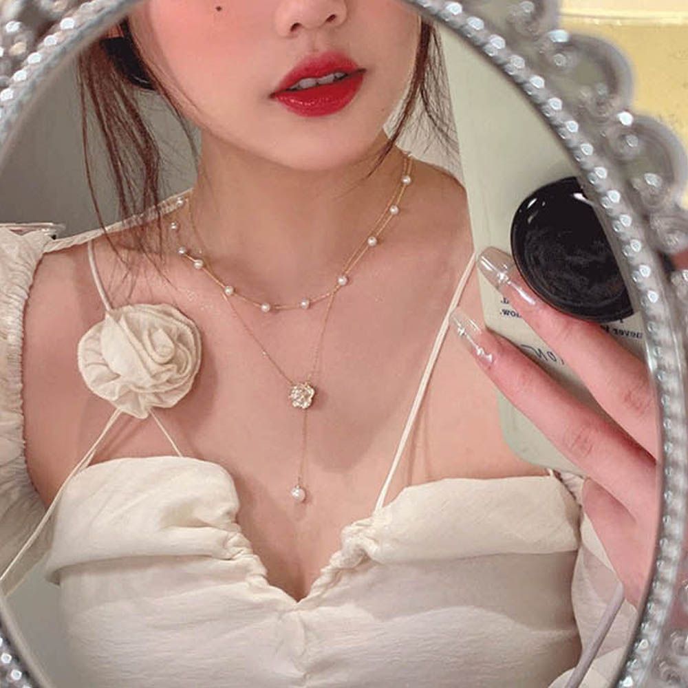 더블 레이어드 여친 목걸이 여자 두줄세트 진주플라워