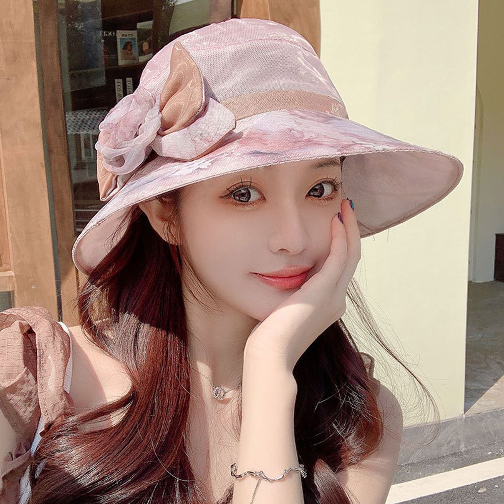 빅리본모자 플라워패턴 여행 고급스런 햋빛차단