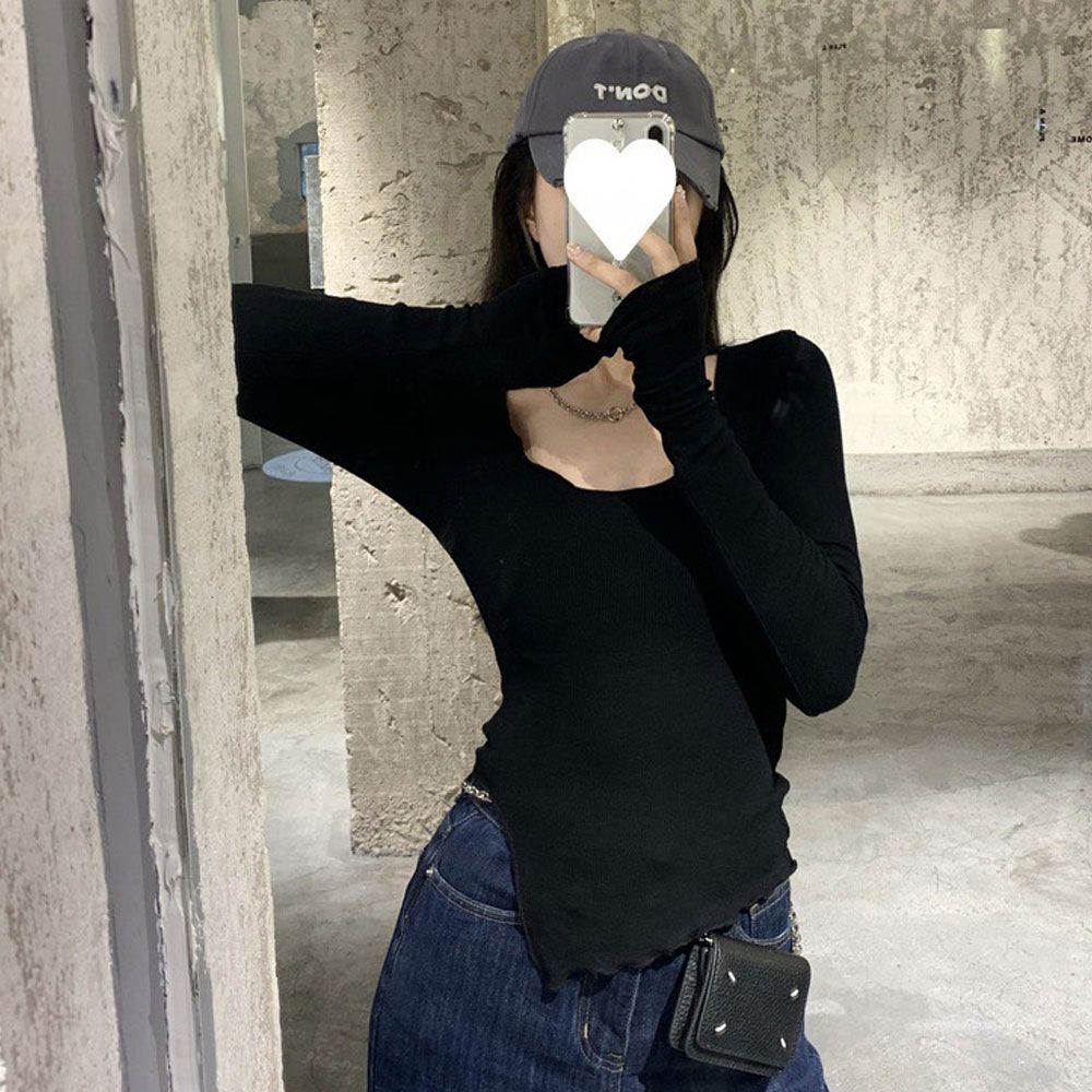블랙 언발란스 슬림핏 여자 긴팔 라운드넥 티셔츠