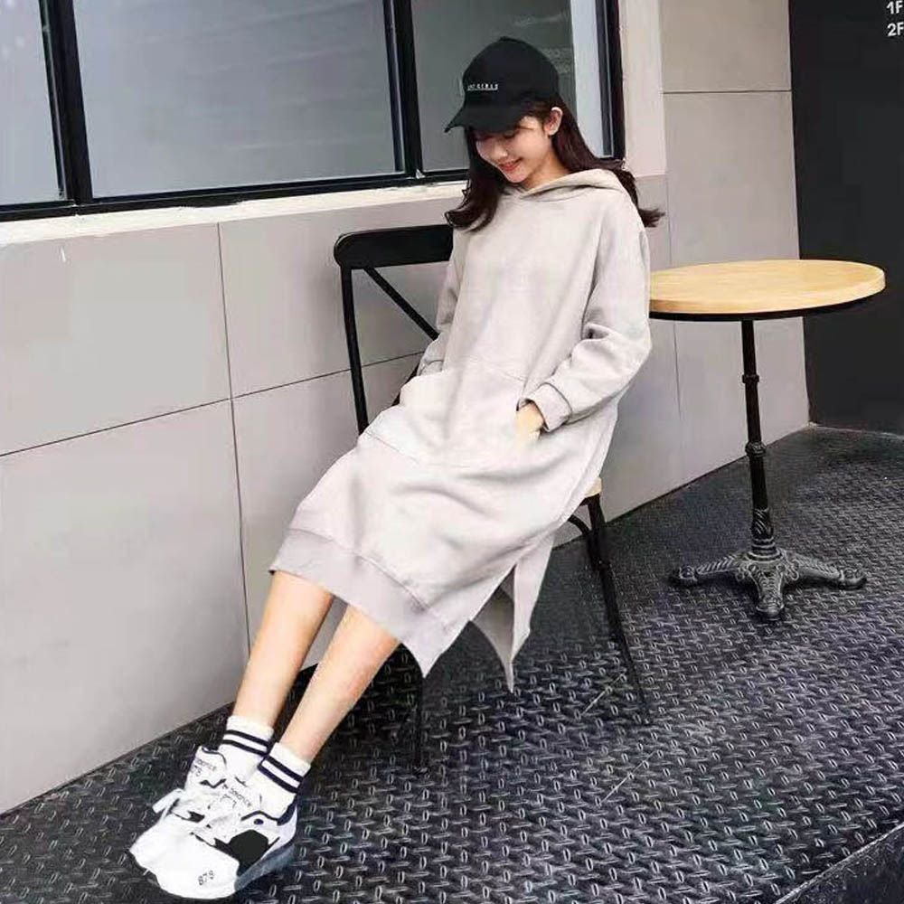 앞 포켓 포인트 롱후드 기모 원피스 데일리 캐주얼
