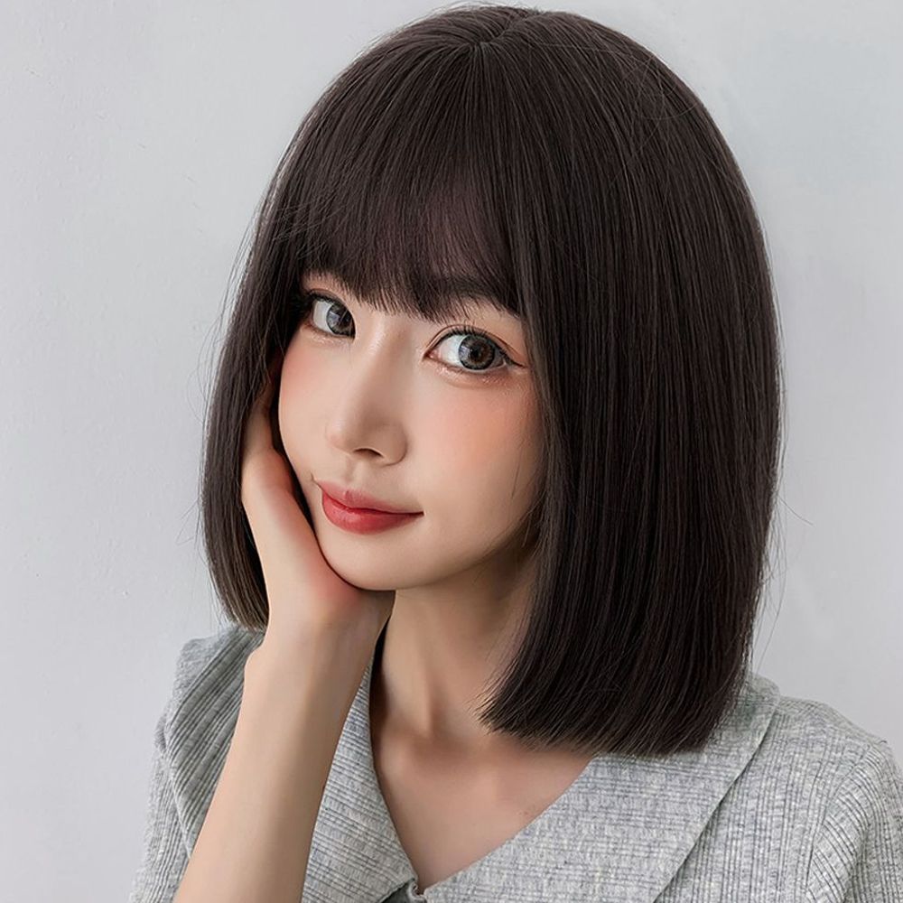 일자컷 단발머리 통 가발 다크브라운 여자