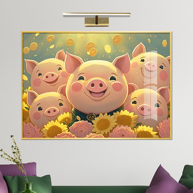보고아트 돈 들어오는 황금코인 해바라기 복돼지 풍수 현관 거실 액자 그림 4 해바라기와 웃고있는 돼지5마리 A3 420 x 300 메탈 액자