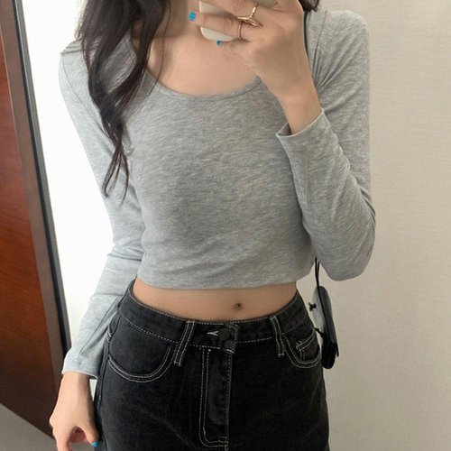 기본 디자인 여성 긴팔 크롭티 라운드넥 크롭 기본티