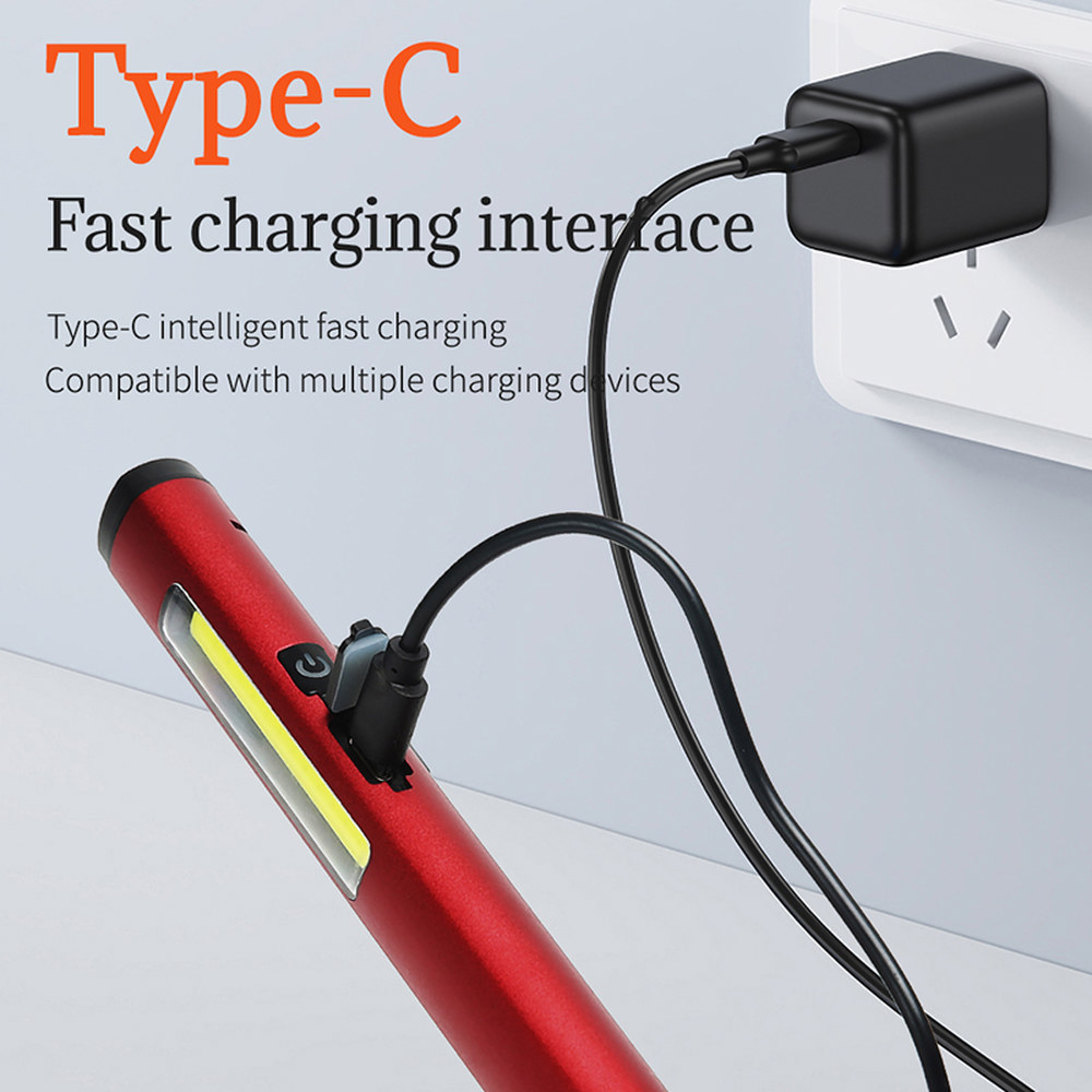 휴대용 LED 손전등 측면 COB 배터리 내장 USB C 충전식 미니 펜 클립 라이트 하단 자석 검사 작업