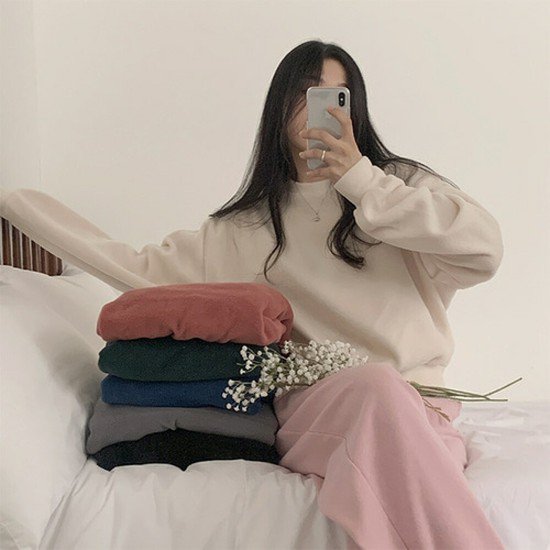 피치모드 위드아워 후리스 루즈핏 무지 크롭 맨투맨