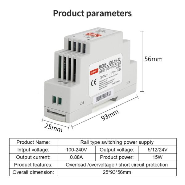 산업용 DIN 레일 스위칭 전원 공급 장치 LED 스트립 CCTV용 15W 입력 AC 출력 DC 5V 12V 24V 1 25A 0 63A DR-15 100-240V