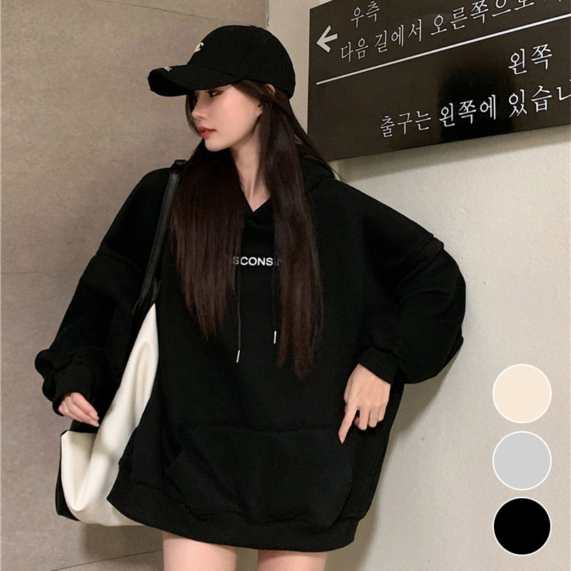 여성 캐주얼룩 오버핏 영문레터링 긴팔 후드 티셔츠