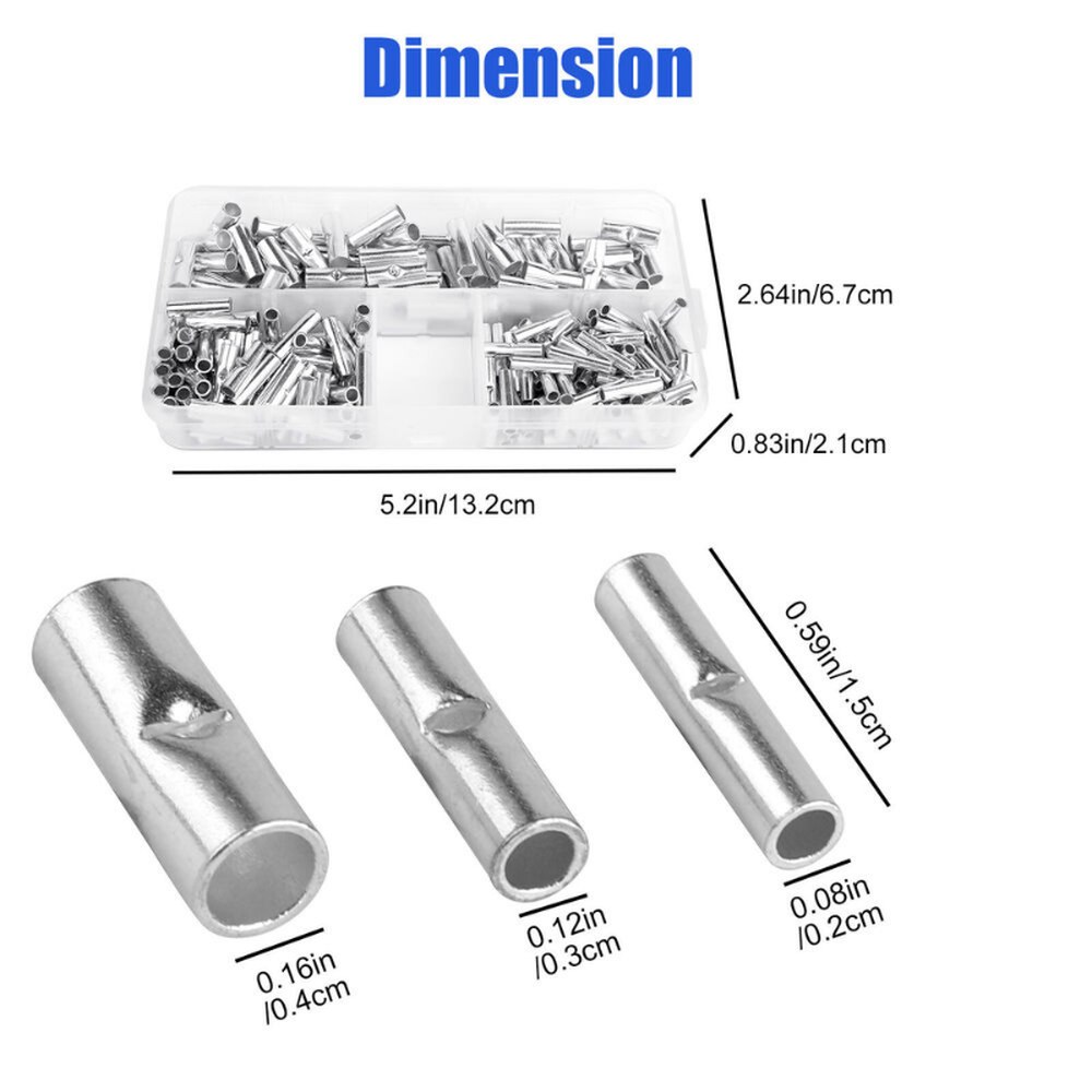 200PCS 비절연 버트 와이어 커넥터 페룰 전기 케이블 터미널 주석 도금 압착 0 5-6mm2 22-10AWG