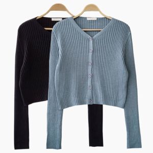 여성 여리핏 브이넥 골지 니트 가디건 1P 데일리룩