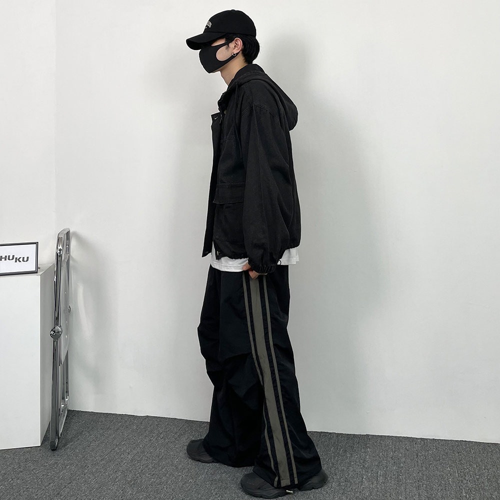 하이넥 오버 후드 데님 자켓 오버핏 빈티지 스트릿 흑청 중청 재킷