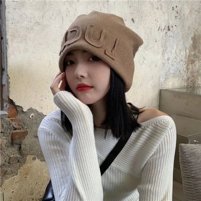여성용 어깨 길이 짧은 머리 모자 가발 세트 가을 겨울 레터 니트 모자 파일 모자
