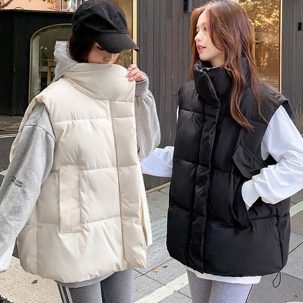 여자 노멀룩 포근 밑단스트링 주머니 패딩조끼 11481580