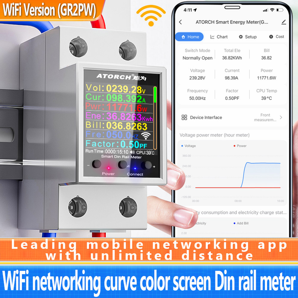 100A Tuya WiFi Din 레일 전력 에너지 측정기 스마트 전기 디지털 디스플레이 모니터 전압 곡선 전류계 AC50-320V GR2PW