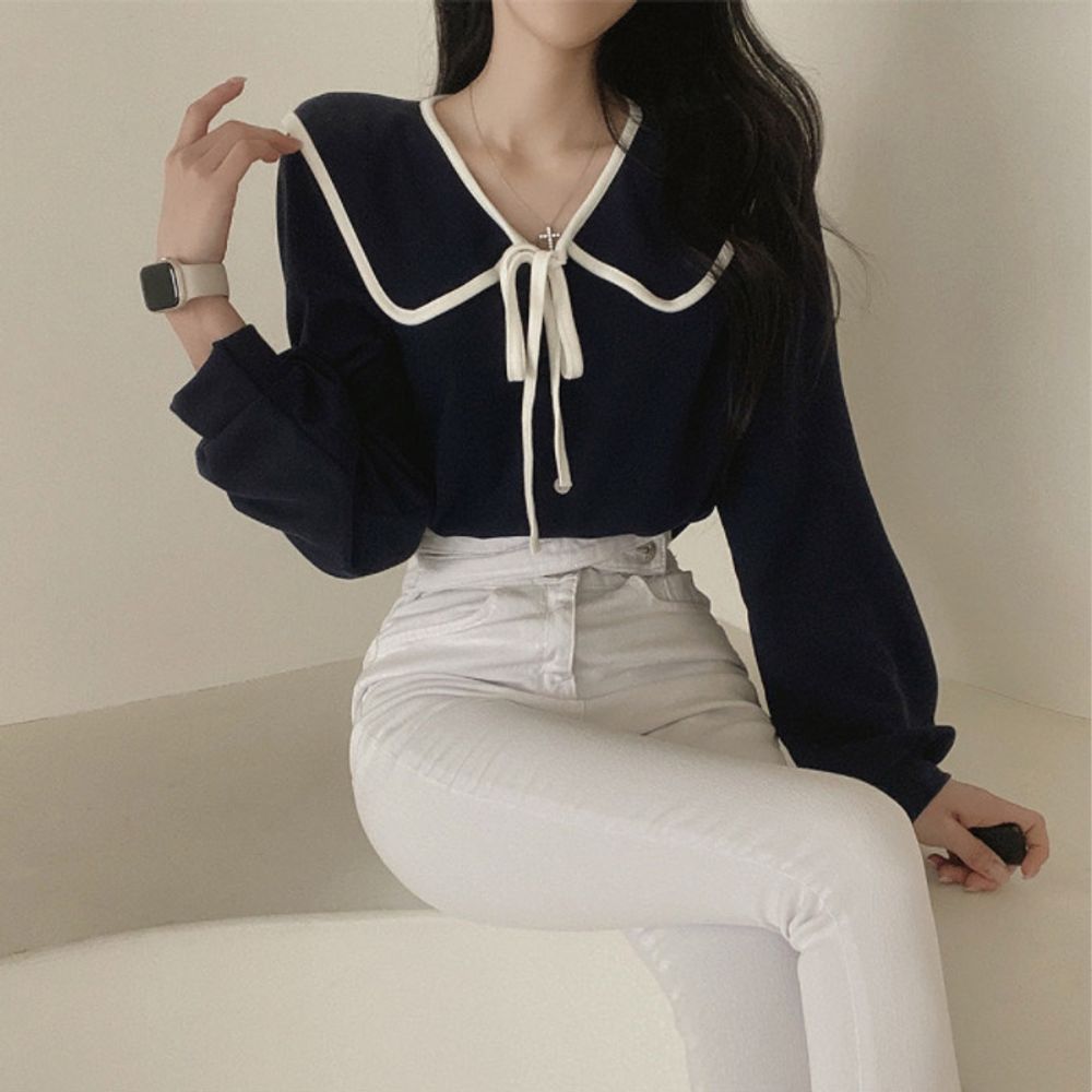 여성 블라우스 넓은카라 리본매듭 여성스러운 데일리