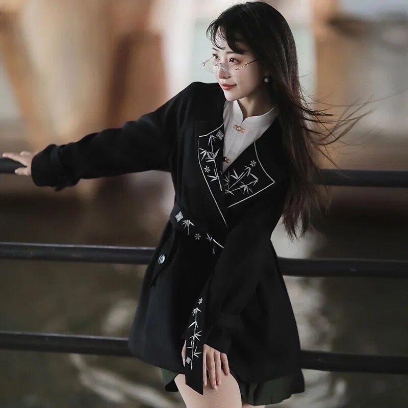 고대 중국 요소 아카데미 교복 코트 대나무 거리 다목적 JK 탑 로리타 소녀 데일리 드레스