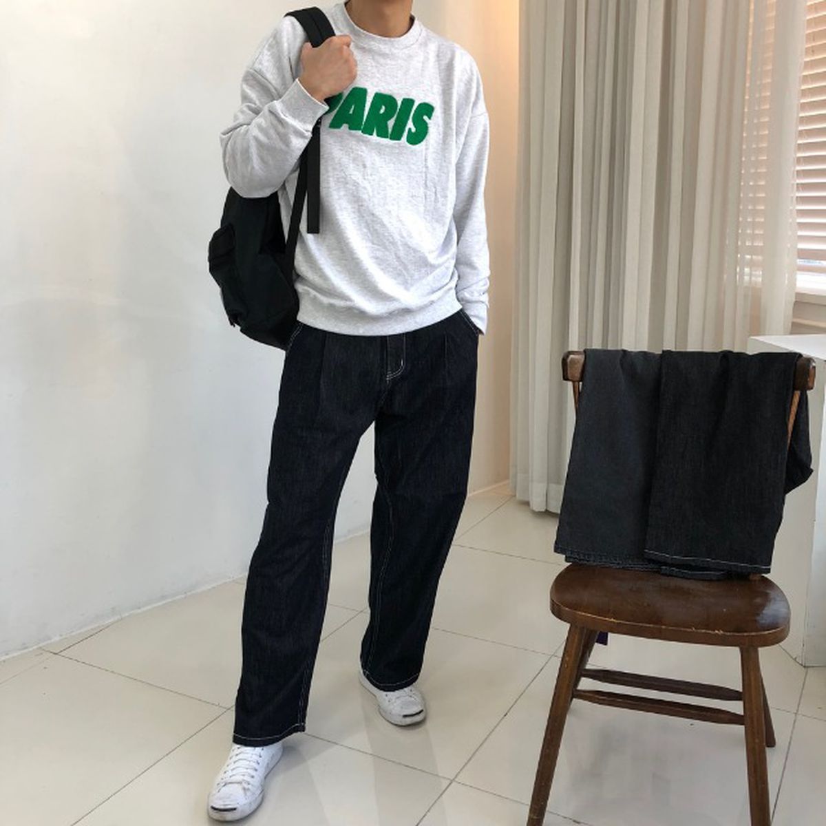 모모멘 논페이드 스티치 와이드 데님 팬츠 진청 M