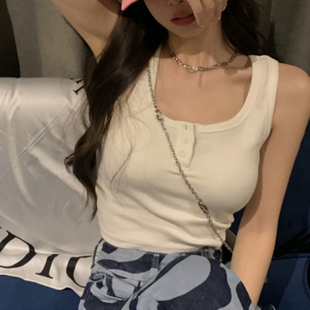 여성 라운드넥 버튼 크롭기장 트렌디 골지 슬리브리스