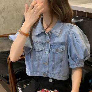 여성 데일리 언벌 데님 벌룬 소매 청 숏 자켓