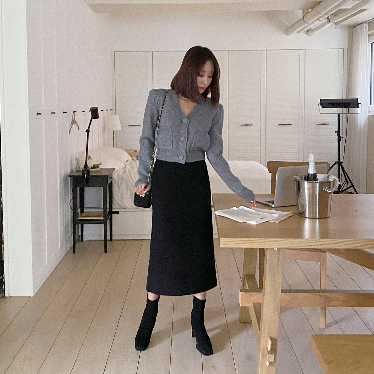 리엘라 미엘마 뒷밴딩 하이웨스트 뒤트임 롱 스커트