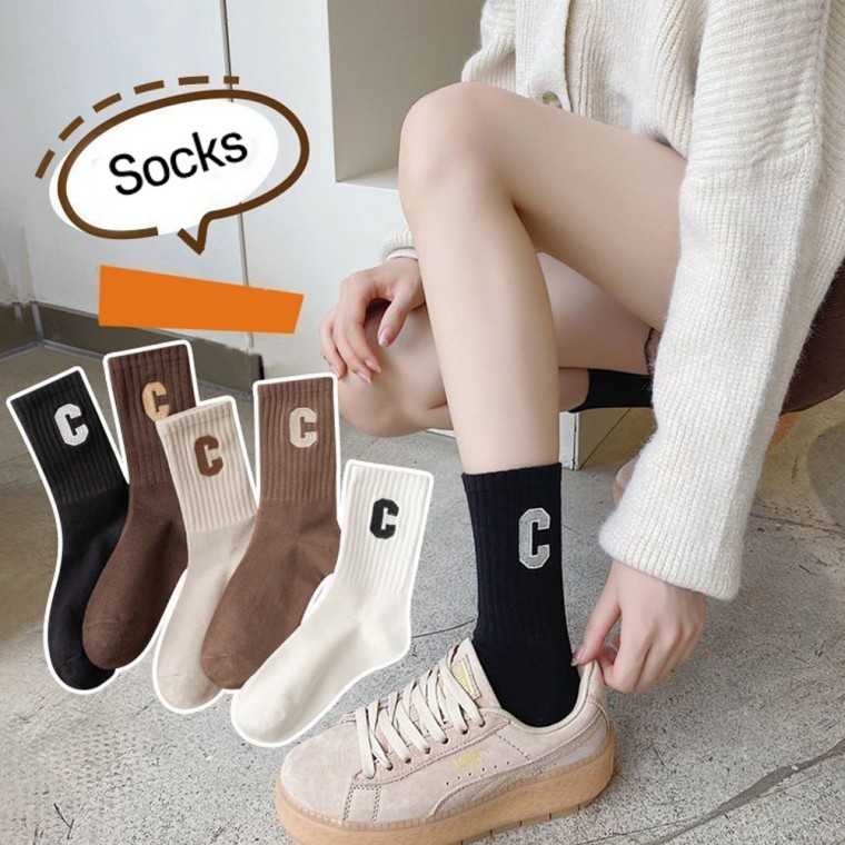 C레터링 여성 중목양말 5켤레 세트 학생