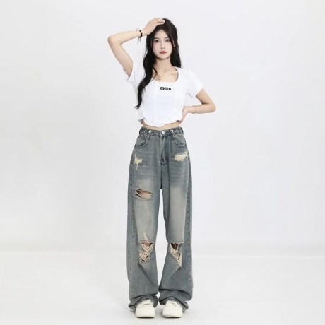 찢청 미국 복고풍 찢어진 청바지 여성의 허리 스트레이트 느슨한 슬리밍 디자인 하이 스