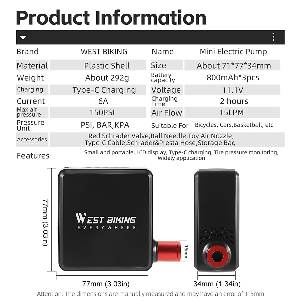 전기 자전거 펌프 LCD 디스플레이 미니 휴대용 팽창기 USB 충전 초경량 무선 컴팩트 공기 액세서리