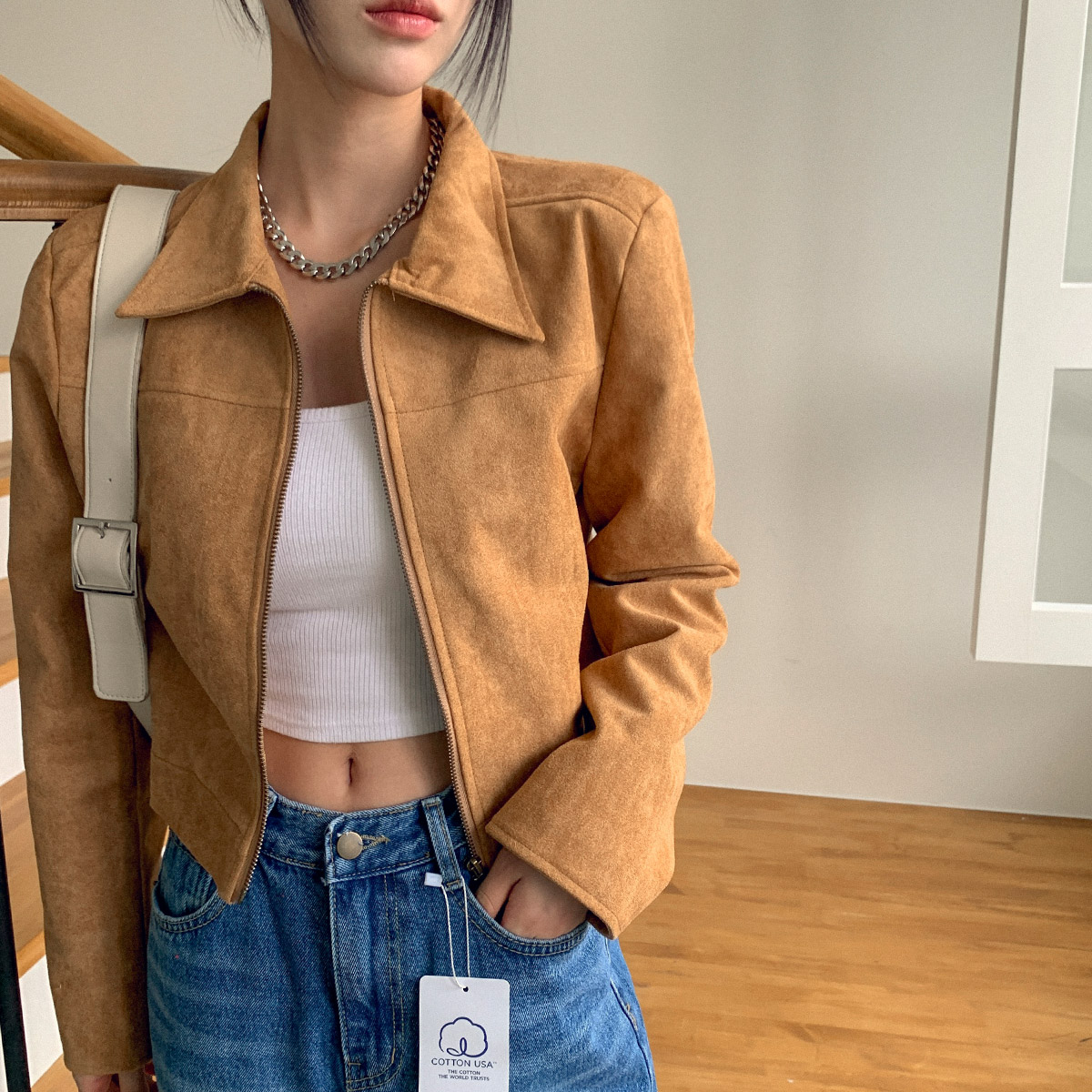 여자 봄 카라넥 스웨이드 절개 핀턱 크롭 자켓