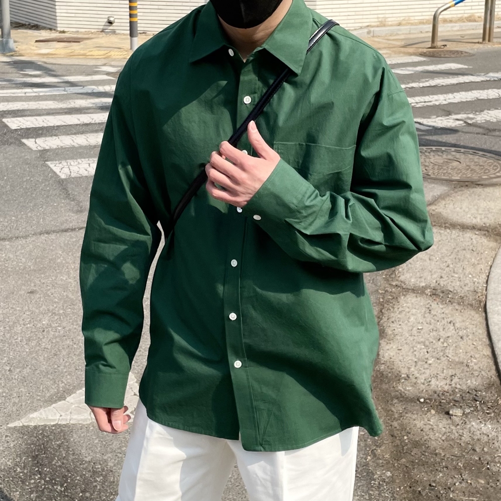 남자 세미 오버핏 셔츠 코튼 면 봄 가을 남방 그린 초록색