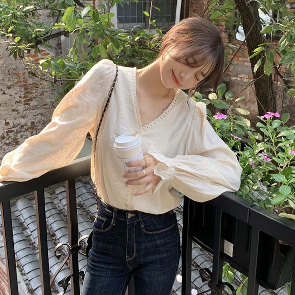 여자 V넥 자수 레이스 퍼프 벌룬소매 블라우스 셔츠
