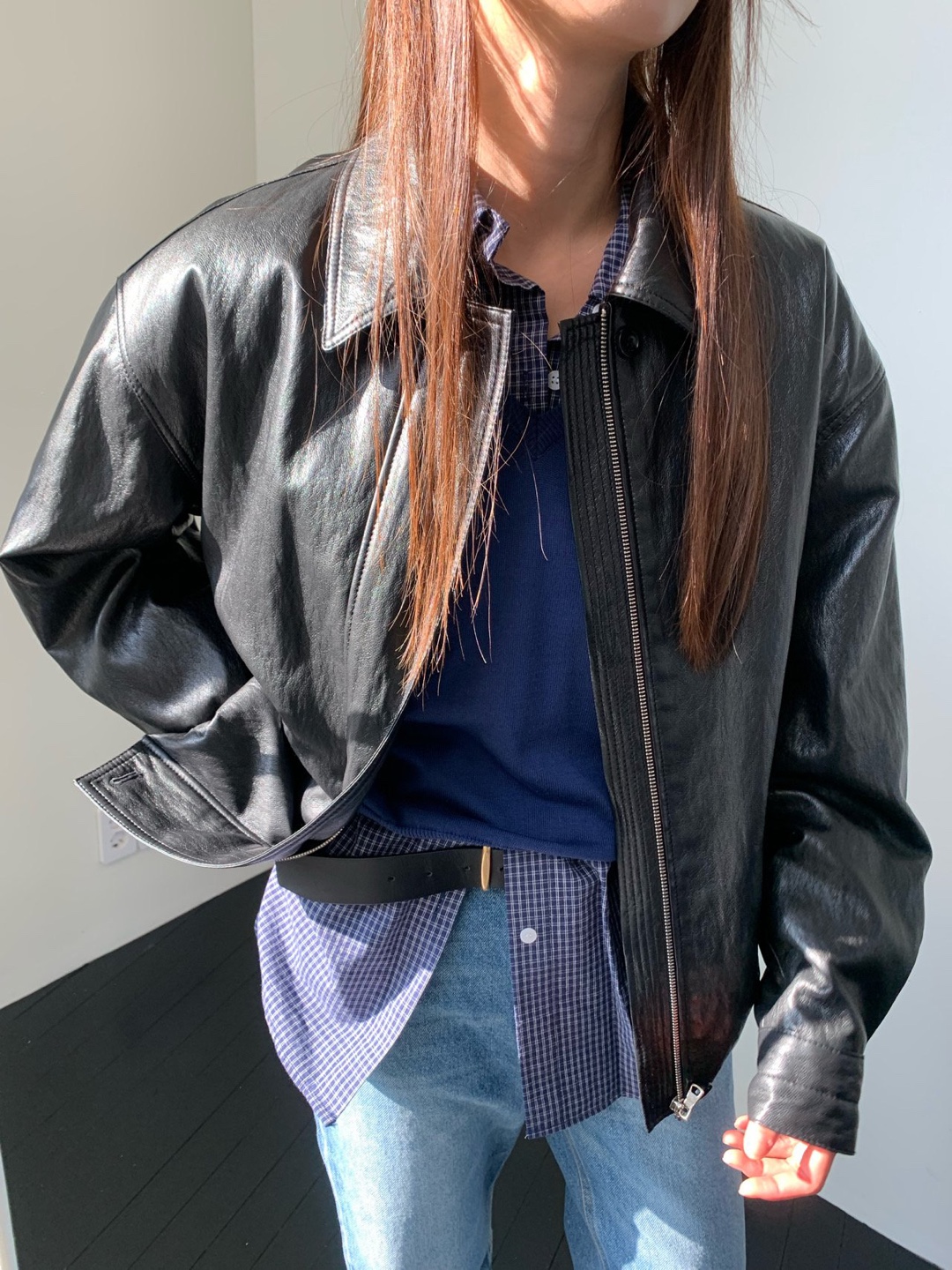 미트미 램 블루종 레더 자켓