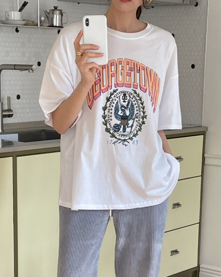 차콜 아이당일 여성 힙커버 박시루즈핏 프린팅 반팔티 조지타운 라운드 캐주얼티셔츠 83208