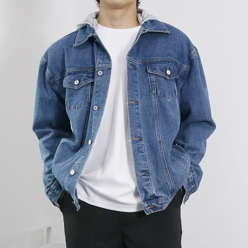 탈부착 오버핏 후드 청자켓 데님 워싱 2컬러