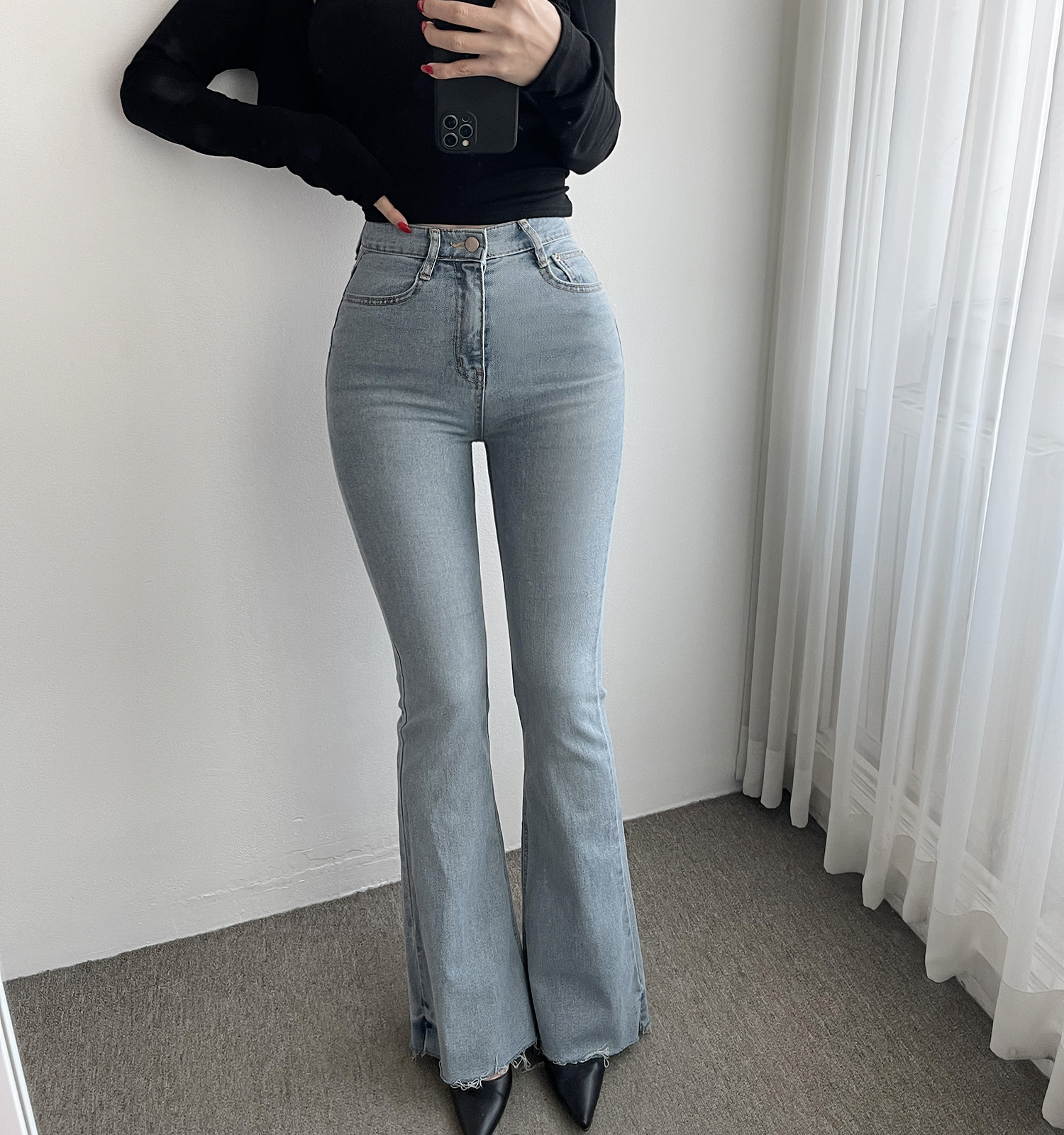 글램핏 연청바지 하이웨스트 슬림 부츠컷 컷팅 스판 데님 팬