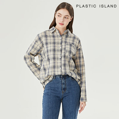 플라스틱아일랜드 플라스틱아일랜드 캐주얼 루즈핏 체크 카라 포켓 롱 셔츠 PQTWB010