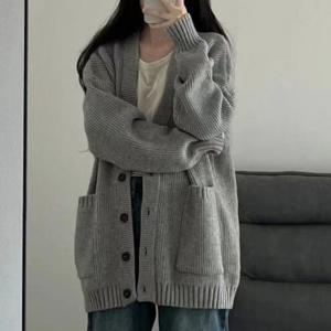 여성 니트가디건 투포켓 롱니트 가디건 캐주얼룩