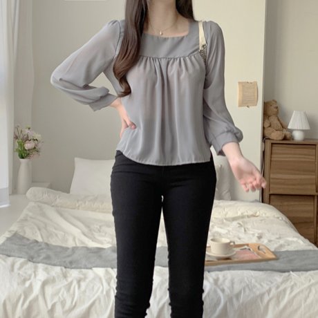 여성 쉬폰 블라우스 긴팔 스퀘어넥 봄가을 데이 GWM