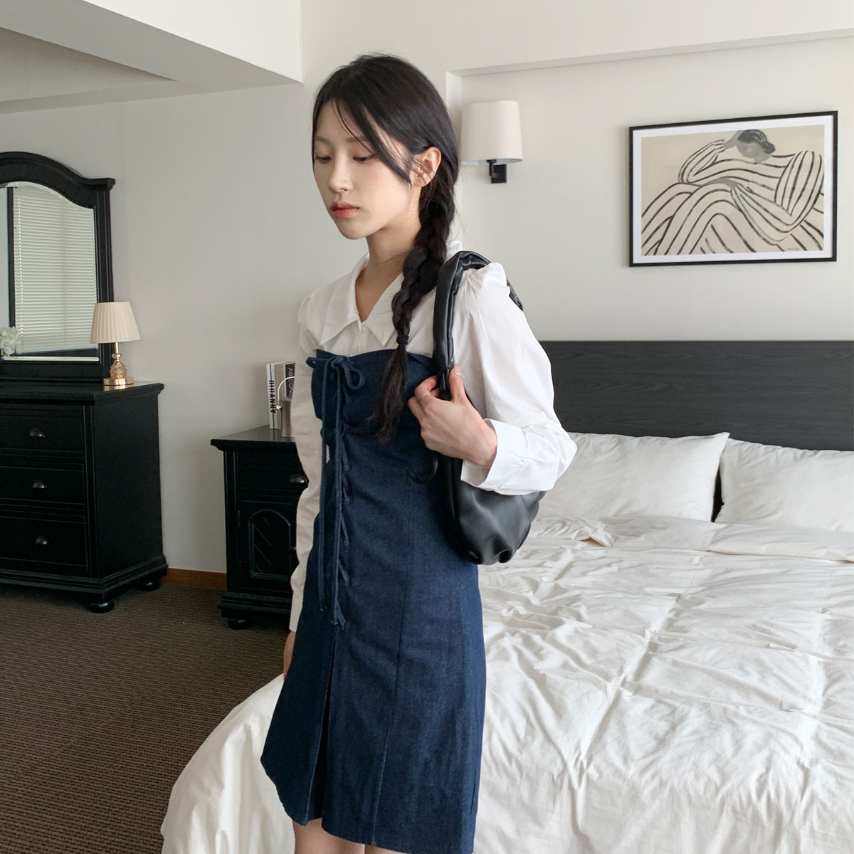 벨로브 아일렛 스트랩 탑 레이어드 데님 원피스