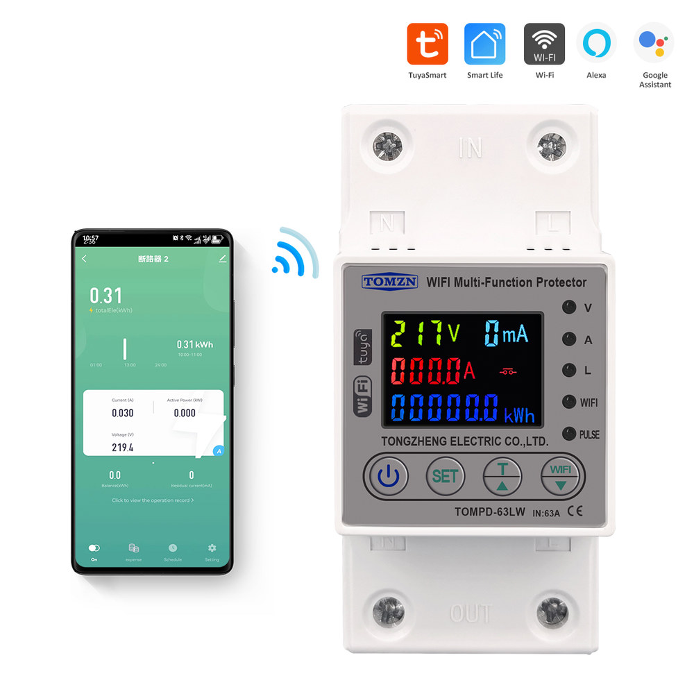 TOMZN 63A 80A WIFI 스마트 에너지 미터 Kwh 미터링 회로 차단기 타이머 전압 전류 누설 보호 기능
