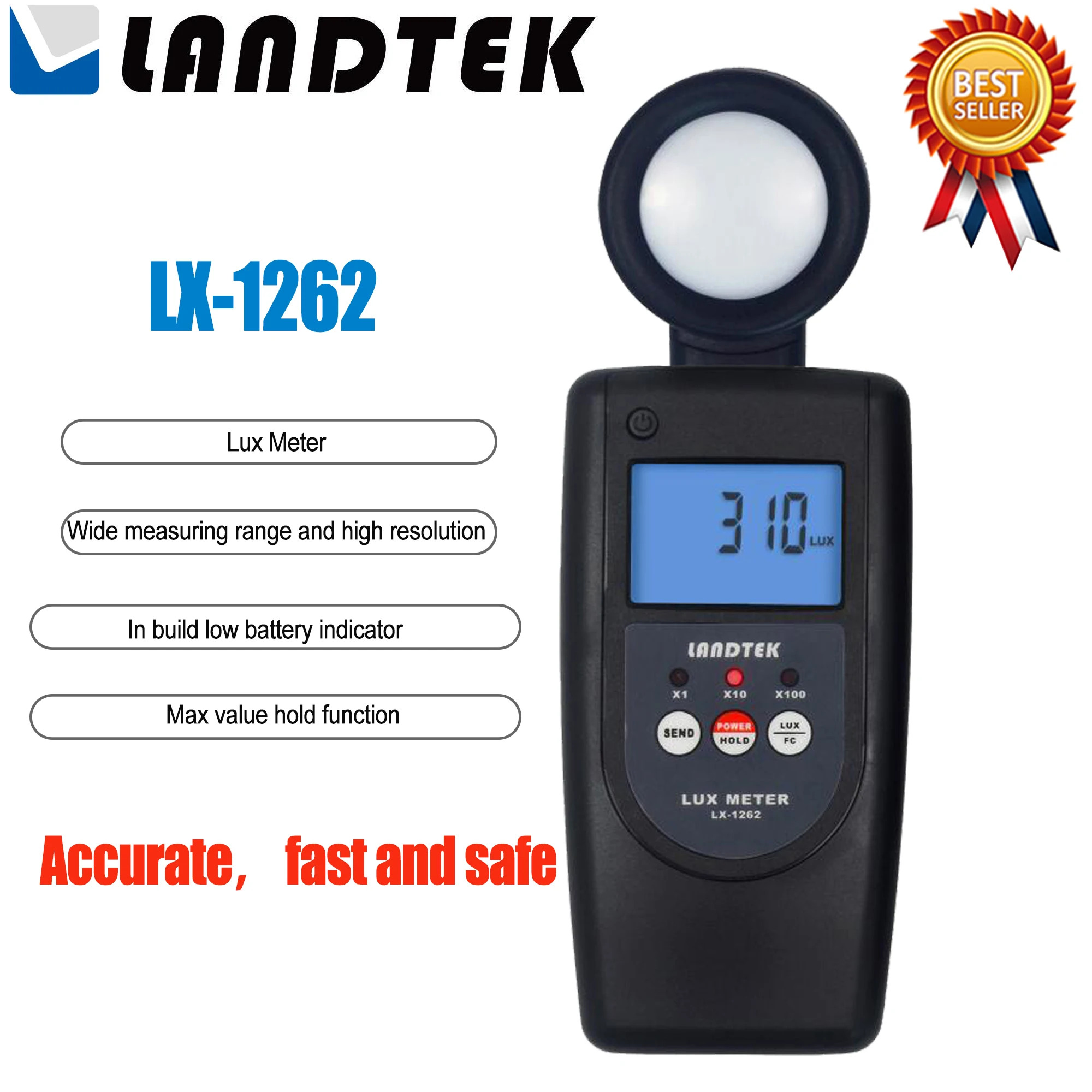 LANDTEK 럭스 미터 전문 계측기 광도 밝기 측정 Ln 빌드 로우 배터리 표시기에 LX-1262