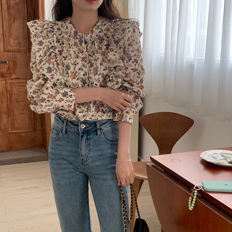 프릴 잔꽃 꽃무늬 블라우스