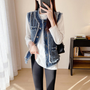 여성조끼 퀼트 데님 조끼 민소매 가을 아우터 OOTD3