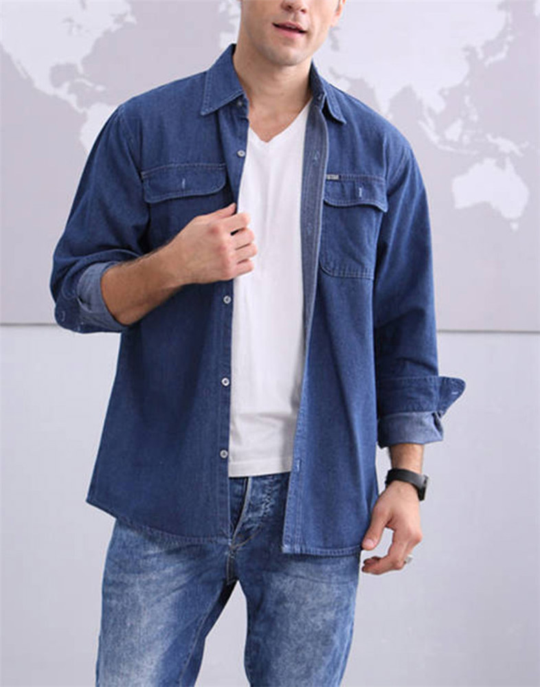 Idopy 남성용 긴팔 데님 셔츠 슬림핏 진 비즈니스 상의 단색 작업복 작업