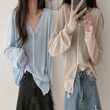 여름 추울때 V넥 긴팔 시스루 얇은 가디건