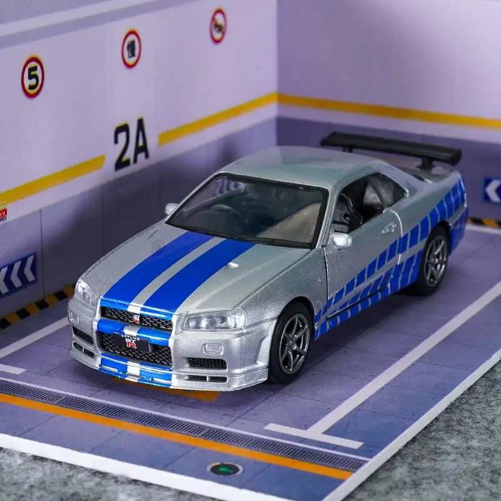 JKM 1 36 닛산 GTR R34 합금 자동차 다이캐스트 장난감 차량 미니어처 모델