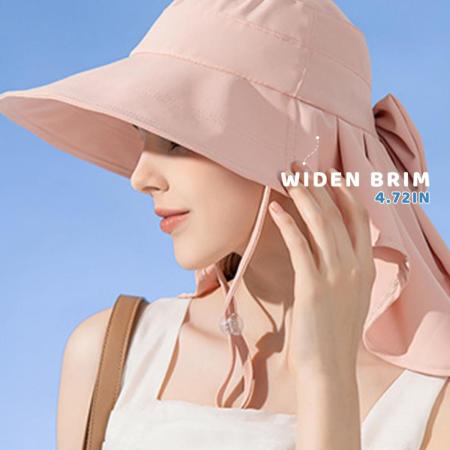 Chasenew 여성용 햇빛 모자 UPF 50 넓은 챙 원예 모자 나비매듭 넥 플랩 포니테일