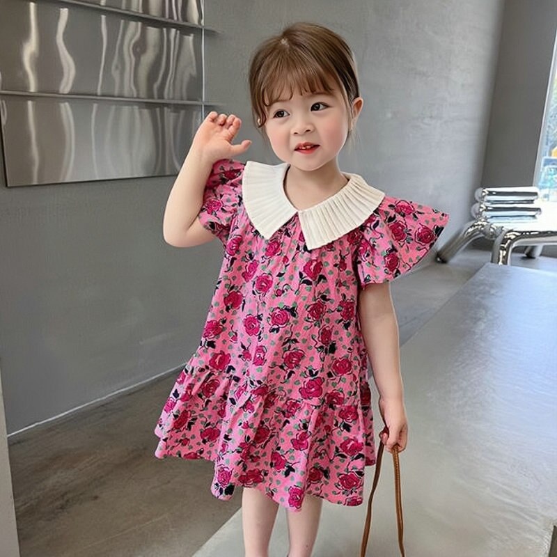 여아용 칼라 플라잉 슬리브 플라워 프린세스 드레스 가장자리 아동복 의류 2023 여름