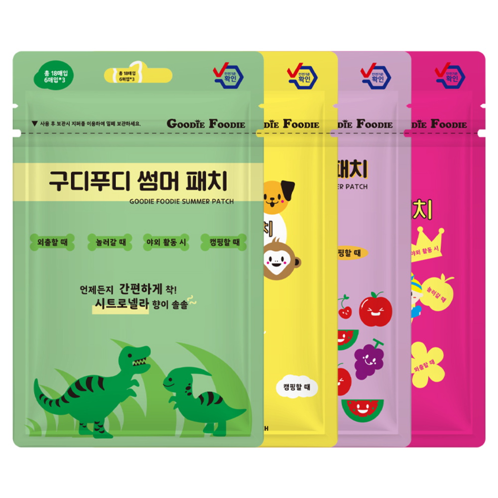 구디푸디 18매X12개 붙이는 썸머패치 밴드 공룡 스티커 시트로넬라오일 4type