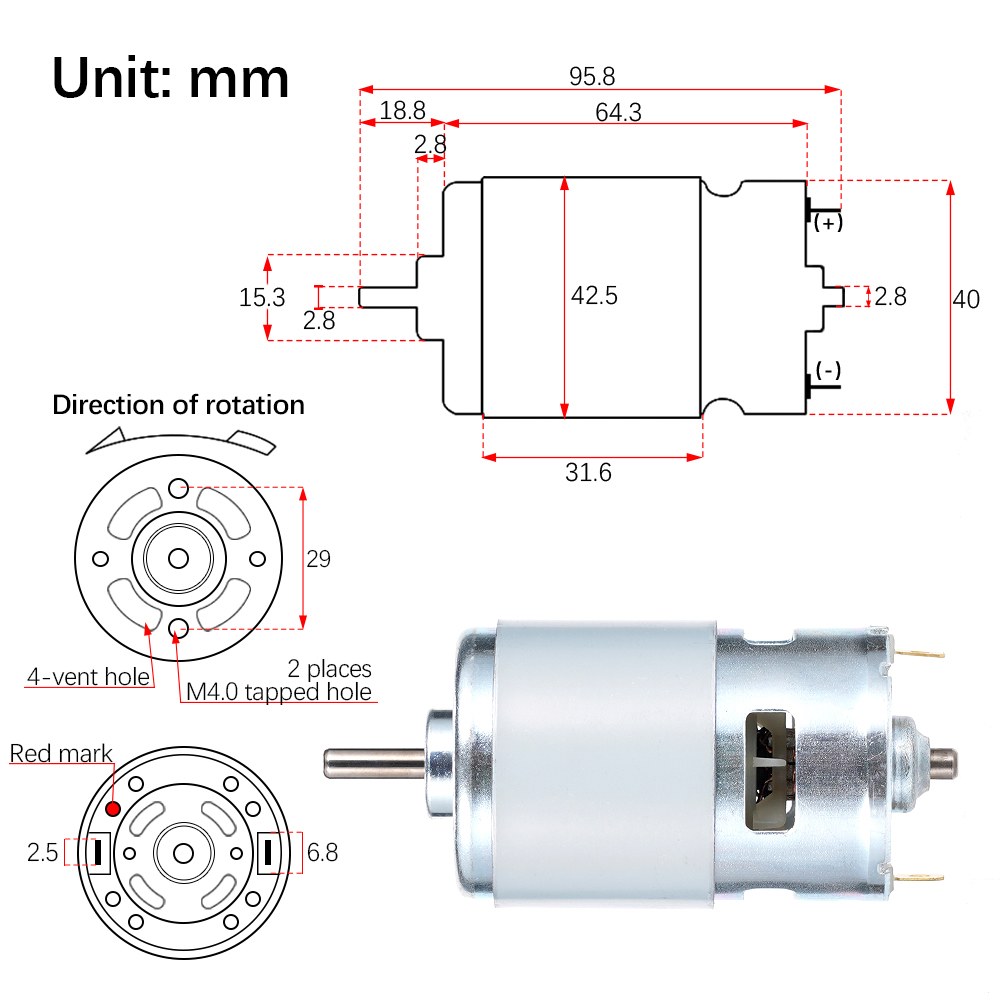 775 모터 DC 150W 288W 이중 볼 베어링 스핀들 대형 토크 고전력 저소음 12000RPM