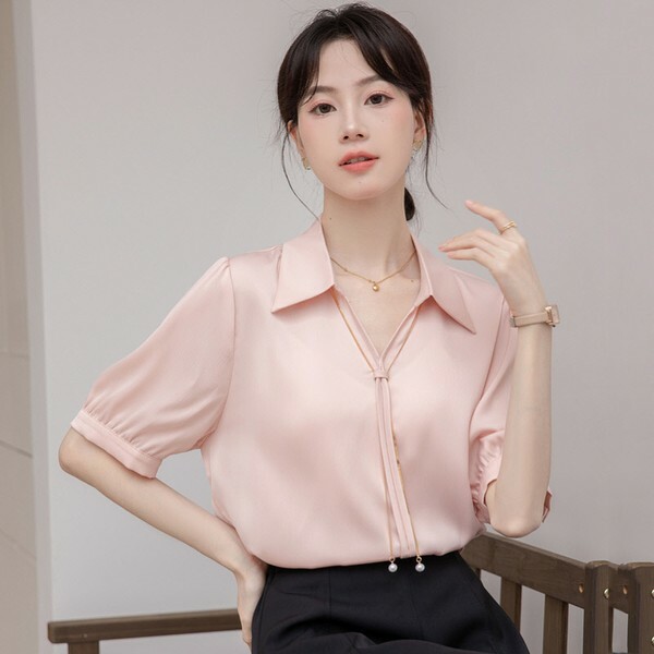 헤이쥬 2컬러 체인포인트 블라우스 반팔블라우스 he0222