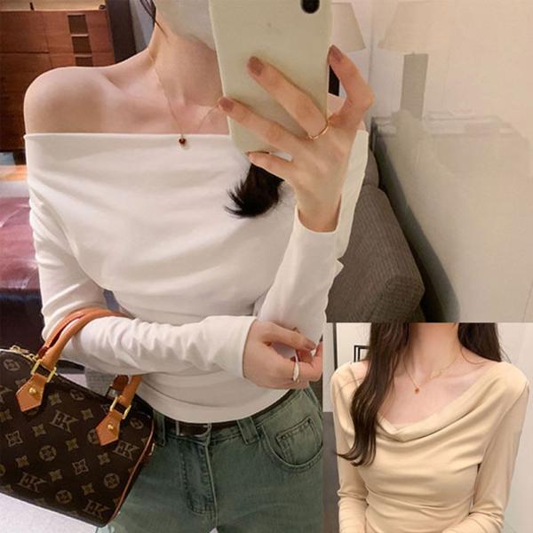 입술 티 오프숄더 긴팔 티셔츠 슬림핏 사계절 꾸안꾸